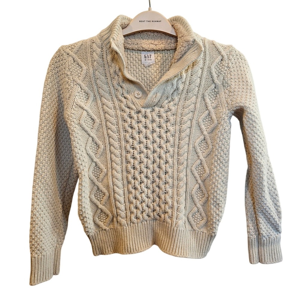 Gap Kids Cream Cable Knit Sherpa Lined Wool Mock Neck Sweater L 10 Pullover
